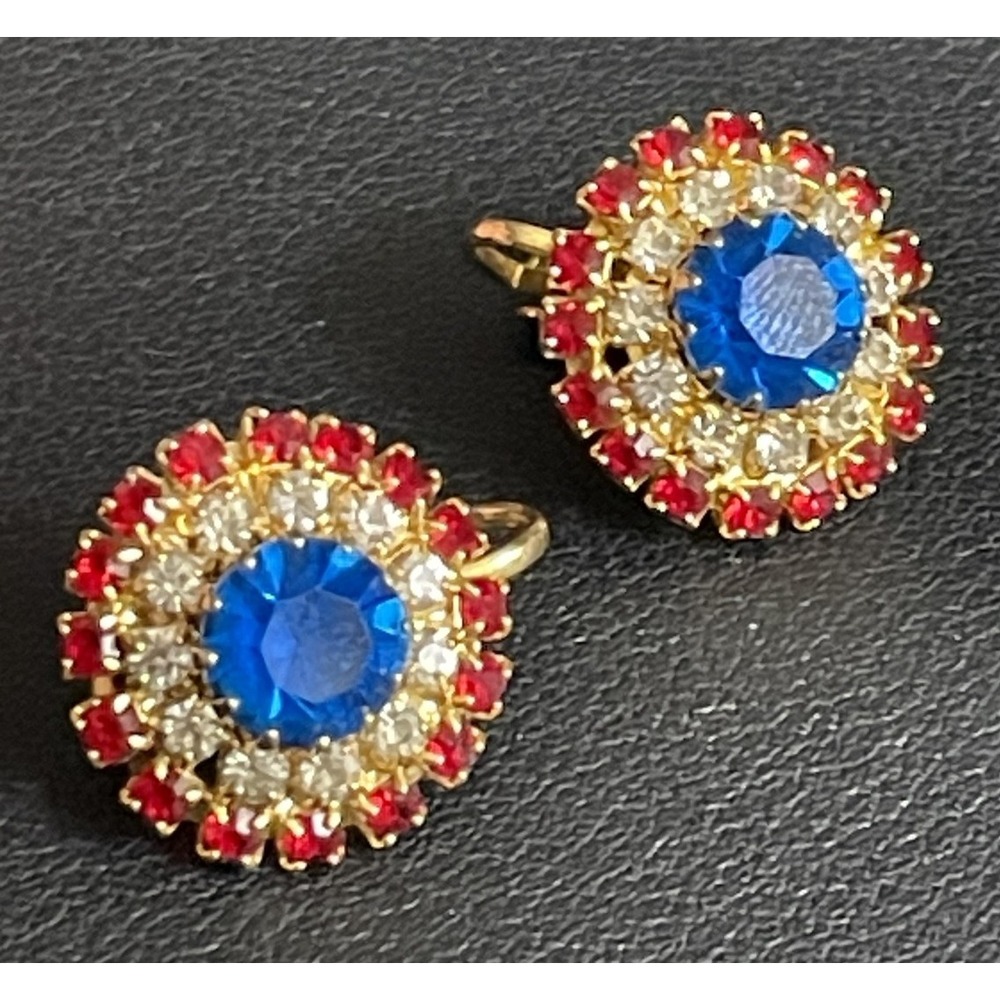 Vintage Rhinestone Cluster Earrings Patriotic Clip Ons Red White Blue Gold Tone